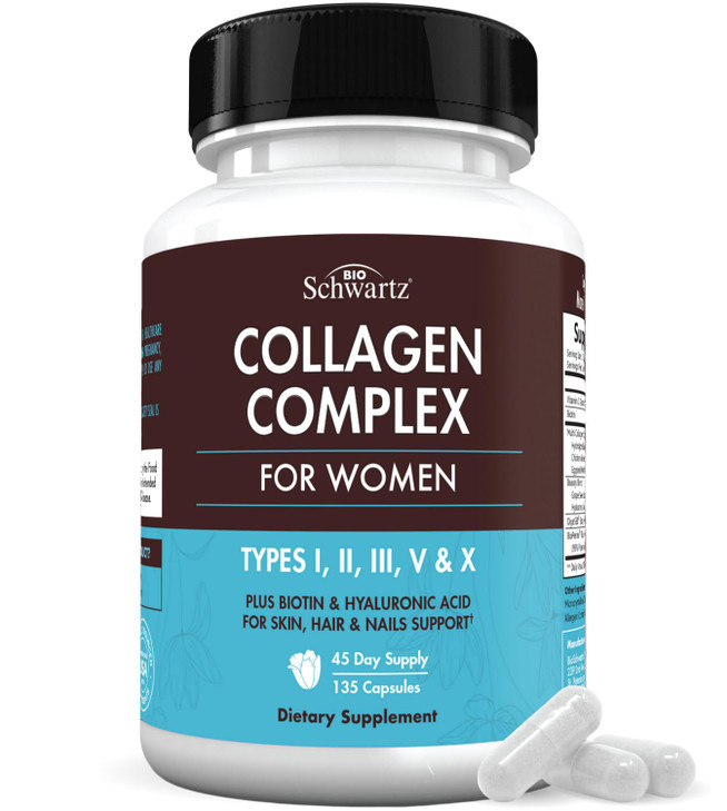 BioSchwartz Hydrolyzed Collagen Peptide Capsules - Multi Collagen Supplements for Women Types I, II, III, V, X with Vitamin C, Biotin, Keratin and Hy