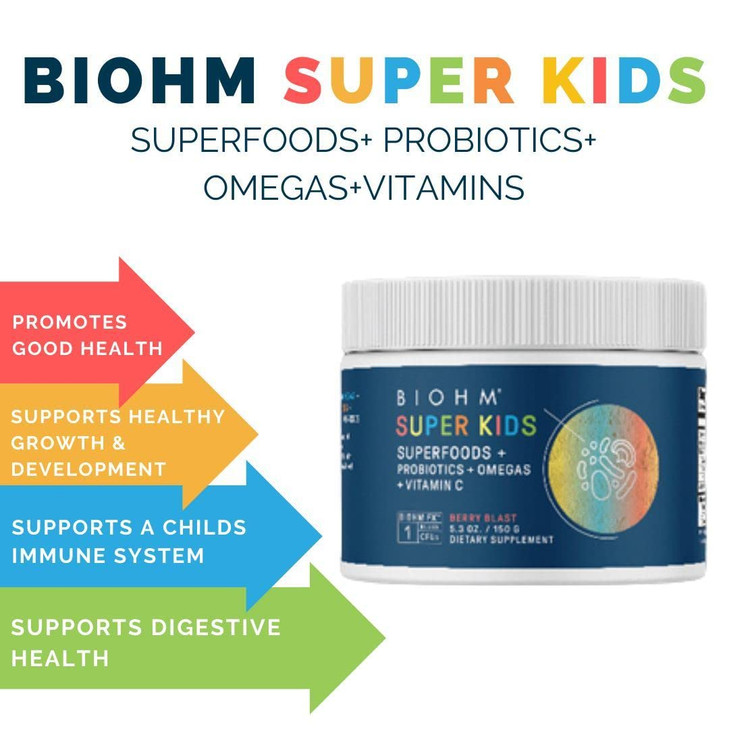 BIOHM Super Kids Superfood Powder Plus Probiotics, (5.3 Oz, 30 Servings) Delicious Berry Blast, Antioxidants, Omega 3 & Vitamin C, Non-GMO, Dairy Fre