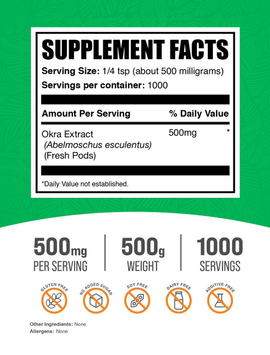 BulkSupplements.com Okra Extract Powder - Okra Supplement, Source of Fiber, Herbal Supplement - Vegan & Gluten Free, 500mg per Serving, 500g (1.1 lbs