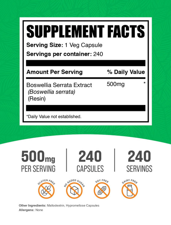 BulkSupplements.com Boswellia Serrata Extract Capsules - Boswellia Serrata Capsules - Boswellia Serrata Supplement, Gluten Free, 1 Capsule per Servin