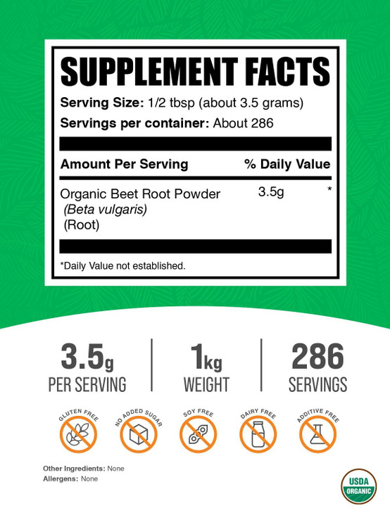 BulkSupplements.com Organic Beet Root Powder - Superfood Supplement, Beet Root Supplements - Vegan & Gluten Free, 3.5g per Serving, 1kg (2.2 lbs) (Pa