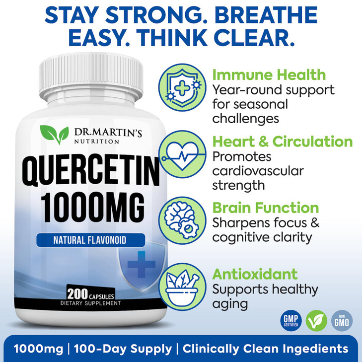 1000mg Quercetin - 200 Capsules | Immune Support, Antioxidant for Seasonal Sinus Relief & Cardiovascular Health | Maintains Inflammatory & Immune Res
