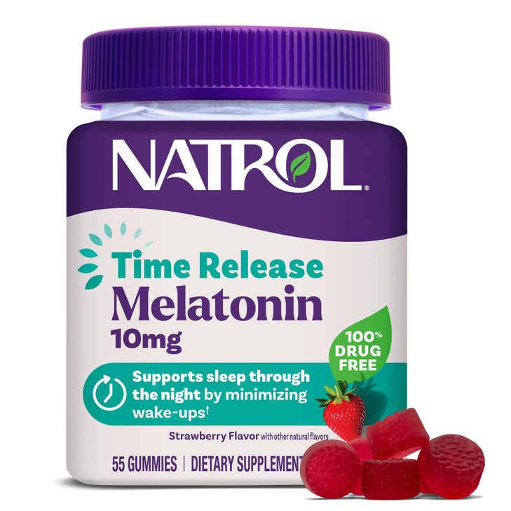 Natrol 10 mg Melatonin Gummies, Time Release Sleep Gummies for Adults, Minimize Wake Ups, Strawberry-Flavored, 55 Count, 55 Day Supply