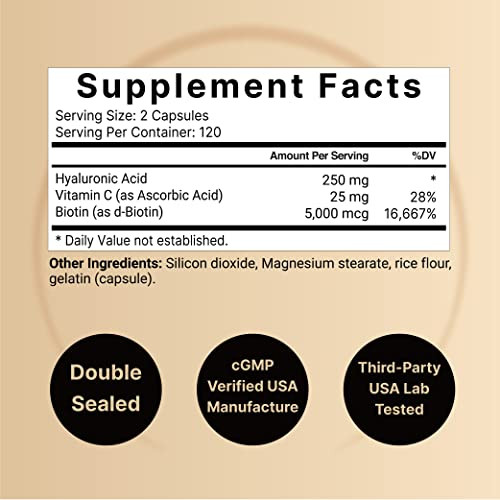 NatureBell 2 Pack Plant Based Hyaluronic Acid Supplements 250mg with 25mg Vitamin C & Biotin 5000mcg, 480 Total Capsules | Essential for Hair Growth,