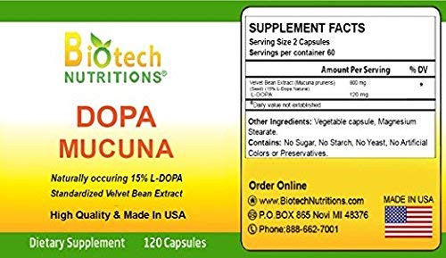 Biotech Nutritions Dopa Mucuna 15% L-Dopa (Mucuna pruriens) 120 Vege Capsules Made in USA