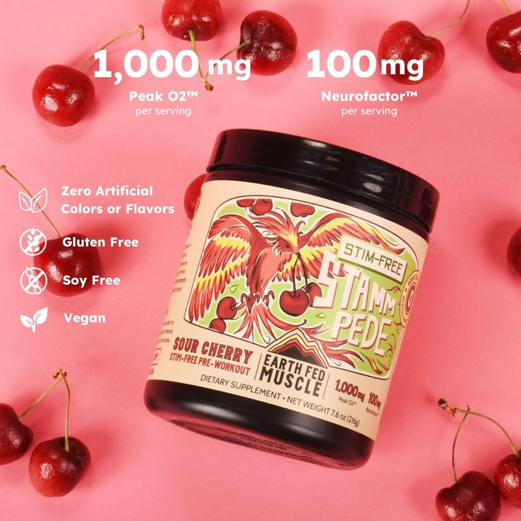 Earth Fed Muscle Stammpede Sour Cherry Pre Workout Powder for Men & Women, Pre Workout No Caffeine, Vegan & Gluten Free, Boosts Focus & Endurance, Li