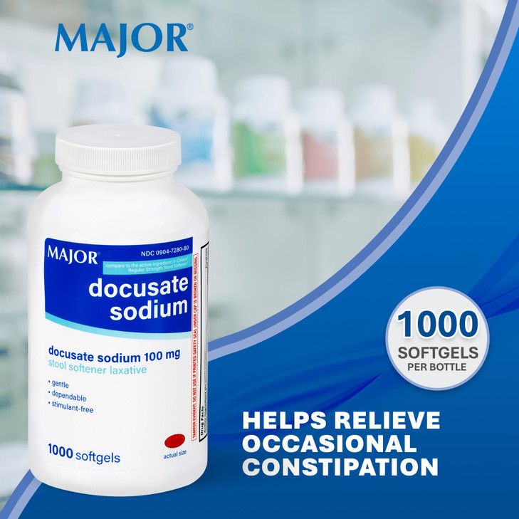 MAJOR Docusate Sodium 100mg, Stool Softener Laxative for Occasional Constipation Relief - Gentle, Dependable, Stimulant-Free, 1000 Softgels