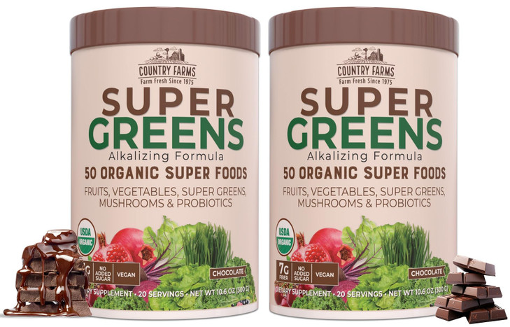 COUNTRY FARMS Super Greens Chocolate Flavor, 50 Organic Super Foods, USDA Organic Drink Mix, Fruits, Vegetables, Super Greens, Mushrooms & Probiotics