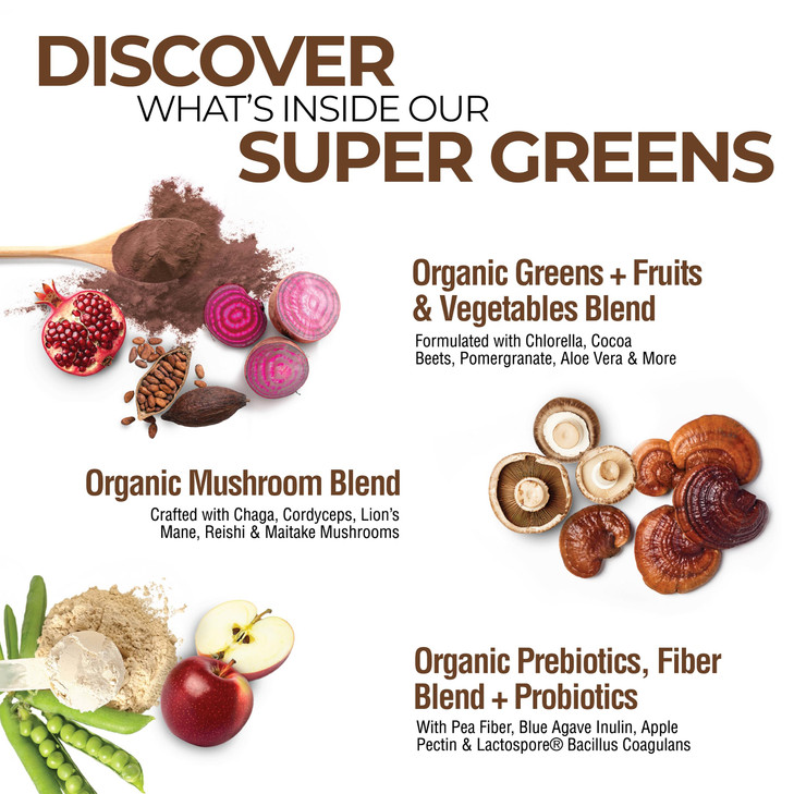COUNTRY FARMS Super Greens Chocolate Flavor, 50 Organic Super Foods, USDA Organic Drink Mix, Fruits, Vegetables, Super Greens, Mushrooms & Probiotics