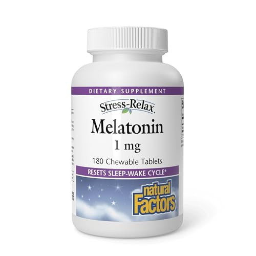 Stress-Relax Melatonin 1 mg by Natural Factors, Natural Sleep Aid, Resets the Sleep-Wake Cycle, 180 chewable tablets (180 servings), Peppermint Flavo