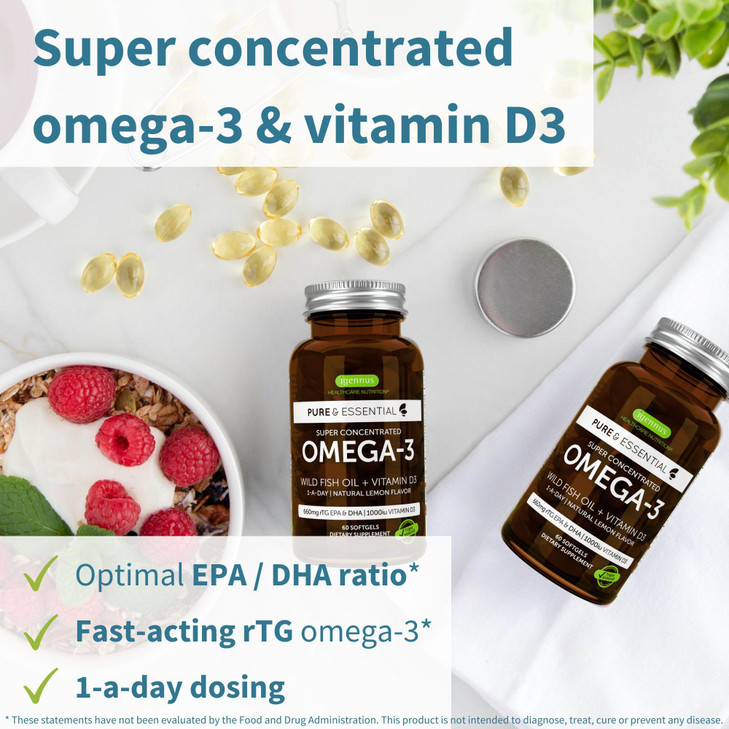 Igennus Advanced rTG Omega-3 IFOS Certified Wild Fish Oil & Vitamin D3, 1-a-Day, Fatty Acids EPA & DHA, Fast-Acting Triglyceride Form, Ultra Pure & N
