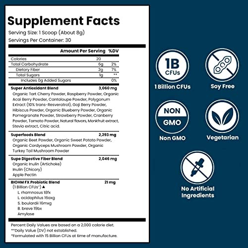 BIOHM Super Reds, Beet Root Powder Antioxidant Beets and Smoothie Mix with Tart Cherry Extract and 19 Red Whole Foods Packed with Prebiotics and Prob