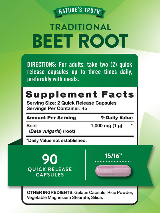 Nature's Truth Beet Root Capsules | 1000mg | 90 Pills | Herbal Extract | Gluten Free & Non-GMO Supplement