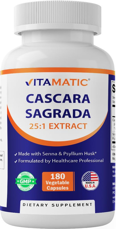 Vitamatic Cascara Sagrada Made with Senna & Psyllium Husk - 180 Veg Capsules - Concentrated 25X Potency - All Natural - Non-GMO