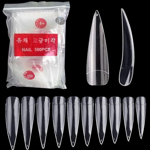 500pcs/Pack Half Cover Long Stiletto Sharp Ending Acrylic False Fake Nails Tips Nail Art Designs Manicure Artificial Nails Salon Tips (Clear)