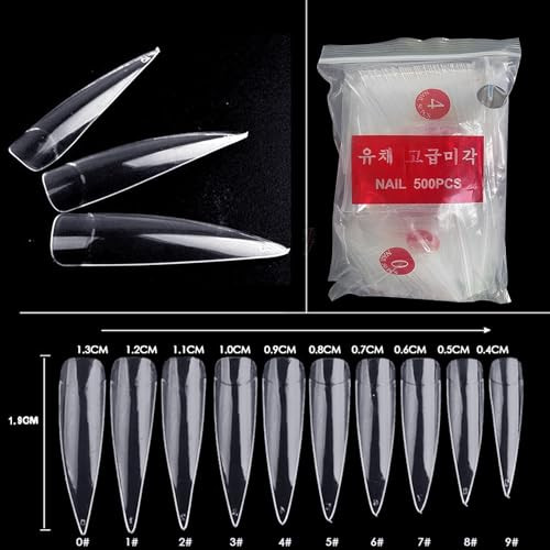 500pcs/Pack Half Cover Long Stiletto Sharp Ending Acrylic False Fake Nails Tips Nail Art Designs Manicure Artificial Nails Salon Tips (Clear)