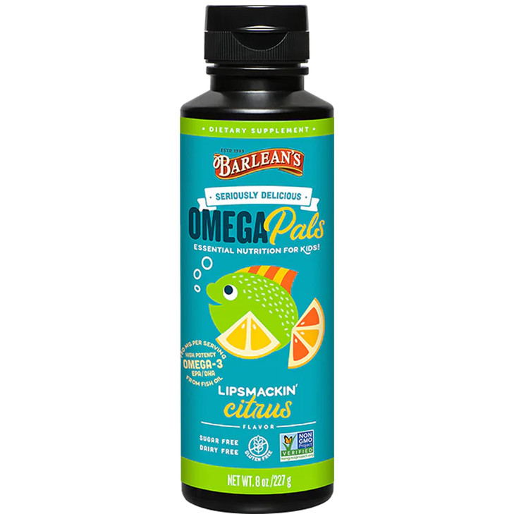 Barlean's Omega Pals Lipsmackin' Citrus Flavored Omega-3 for Kids, Yummy Children's Liquid Fish Oil Supplement with 750 mg of EPA & DHA for Brain & E