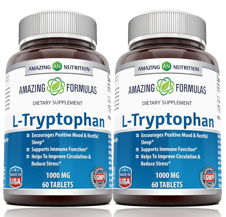 Amazing Formulas L-Tryptophan 1000mg Tablets Supplement | Non-GMO | Gluten Free | Made in USA (60 Count | 2 Pack)