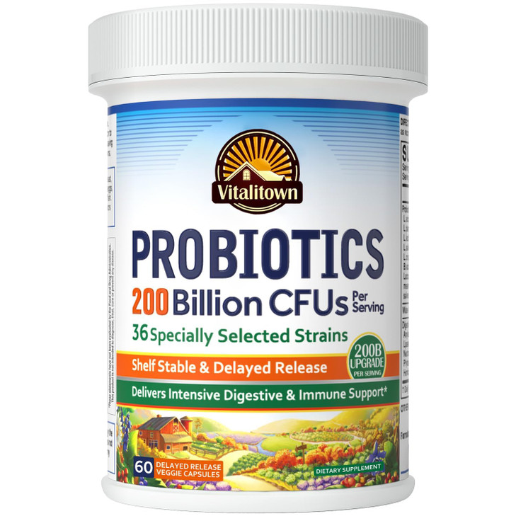 Vitalitown Probiotics 200 Billion CFUs 36 Strains | Shelf Stable, Acid & Bile Resistant | Intensive Digestive & Immune Support | Men & Women Probioti