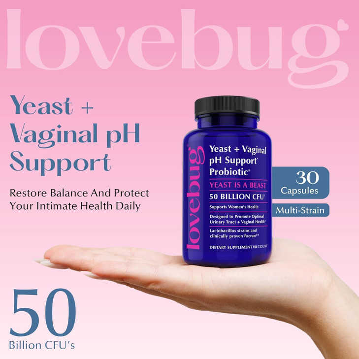 Lovebug Yeast and Vaginal Probiotics for Women pH Balance & Urinary Tract, 50 Billion CFU, UTI, BV, Odor Support with Lactobacillus, Bifidobacterium,