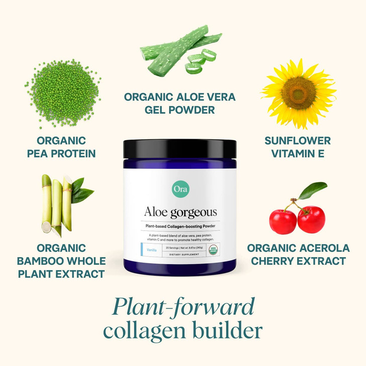 Ora Organic Vegan Collagen-Boosting Powder for Women and Men - Hair, Skin, & Nails Support - Bamboo Silica, Plant-Based Protein, Organic Vitamin C, A