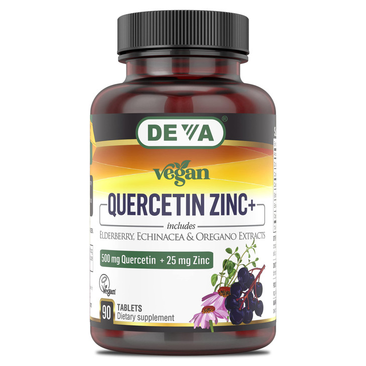 DEVA Vegan Quercetin 500mg Plus 25mg Zinc with Elderberry, Echinacea and Oregano Extracts -No Animal Ingredients - 90 Tablets, 1-Pack