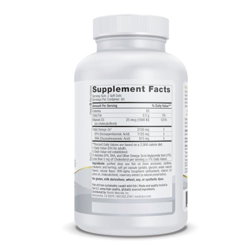 Nordic Naturals ProOmega 2000-D, Lemon Flavor - 120 Soft Gels - 2150 mg Omega-3 + 1000 IU D3 - Ultra High-Potency Fish Oil - EPA & DHA - Brain, Heart