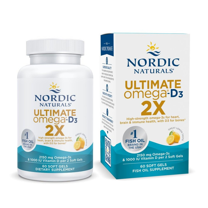 Nordic Naturals Ultimate Omega 2X with Vitamin D3, Lemon Flavor - 60 Soft Gels - 2150 mg Omega-3 + 1000 IU D3 - EPA & DHA - Brain, Heart, & Immune He