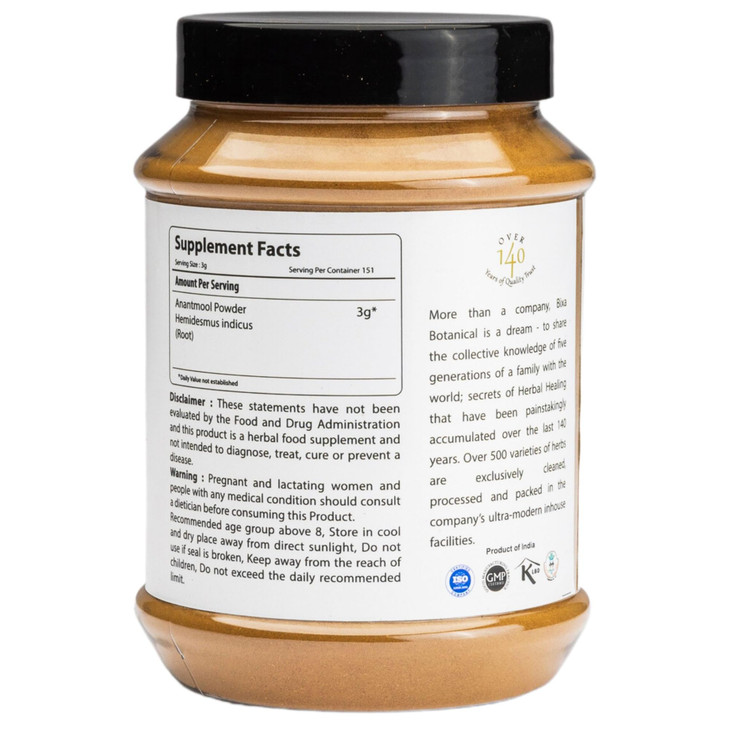 bixa BOTANICAL Sarsaparilla Root Powder | Hemidesmus Indicus (Anantmool) | Ayurvedic Herbal Supplement |Gluten Free, Non-GMO, Steam Treated, Vegan, 1