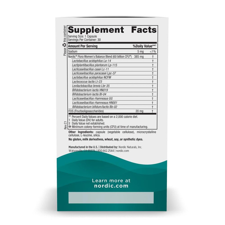 Nordic Naturals Nordic Flora Probiotic Women's Balance - 30 Capsules - 12 Probiotic Strains with 60 Billion Cultures - Intestinal Support, Vaginal He
