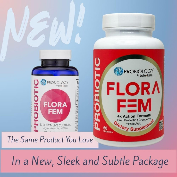 Belle+Bella Probiology Flora Fem - Daily Probiotics for Women - 4X Action Prebiotic + Probiotic + Cranberry + Folic Acid for Digestive, Urinary Tract