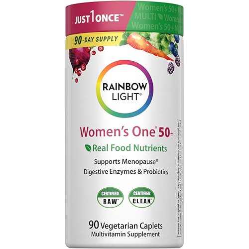 Rainbow Light Womens One + Multivitamin 50 Plus | 90 Caplets | Supports Menopause | Real Food Nutrients, Digestive Enzymes & Probiotics