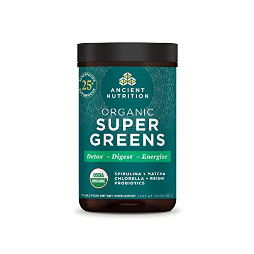 Ancient Nutrition Super Greens Powder, Organic Superfood Powder with Probiotics Made with Spirulina, Chlorella, Matcha, and Digestive Enzymes, 25 Ser