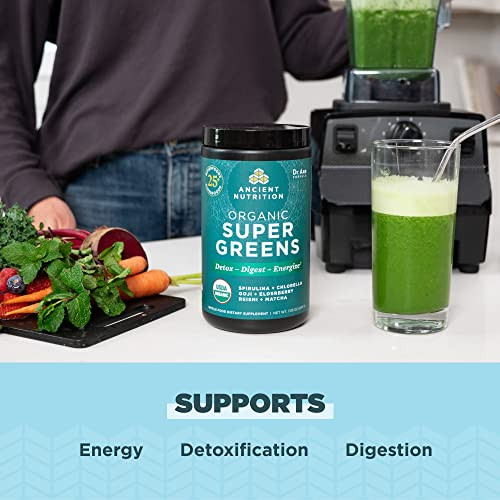 Ancient Nutrition Super Greens Powder, Organic Superfood Powder with Probiotics Made with Spirulina, Chlorella, Matcha, and Digestive Enzymes, 25 Ser