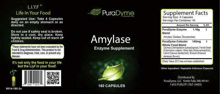 PuraDyme Amylase, 180 Capsules