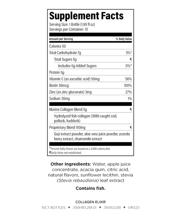 Collagen Elixir - Collagen Drink with Marine Collagen Peptides to Support a Youthful Appearance with Vitamin C, Zinc & Biotin - 1.69 fl oz - 10ct