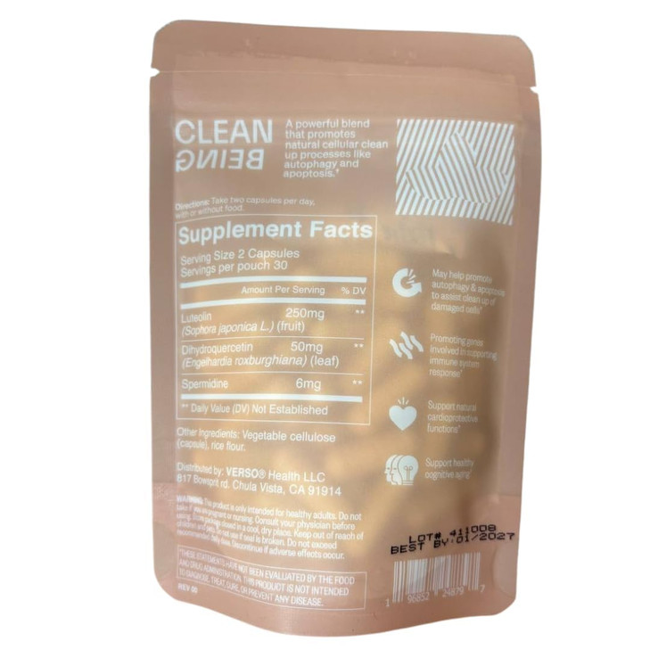 Verso Clean Being Spermidine Dietary Supplement Capsules for Natural Cellular Clean Up - Luteolin and Dihydroquercetin Vegan Senolytic Molecules Supp