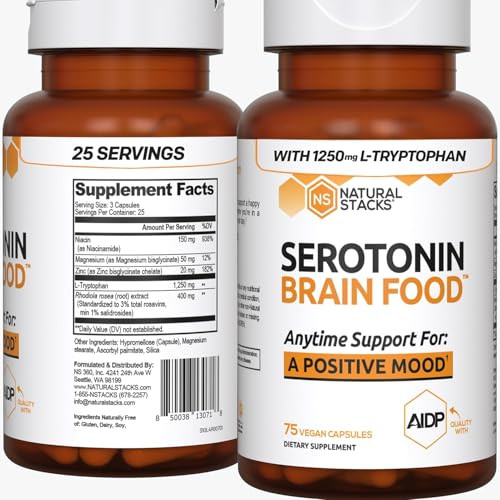 NATURAL STACKS Serotonin Brain Food w/L-Tryptophan & Rhodiola Rosea - Mood Support Supplement - Promotes Positive Mood, Calmness, Stress Relief - Hap