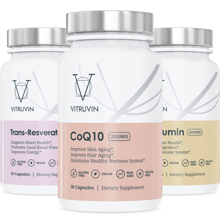 Vitruvin Beauty + Comfort Pack COQ10 200mg + Trans- Resveratrol 500mg + Curcumin 500mg, Vegan, Non-GMO, Gluten-Free, Gelatin-Free. Healthy Skin, Hear