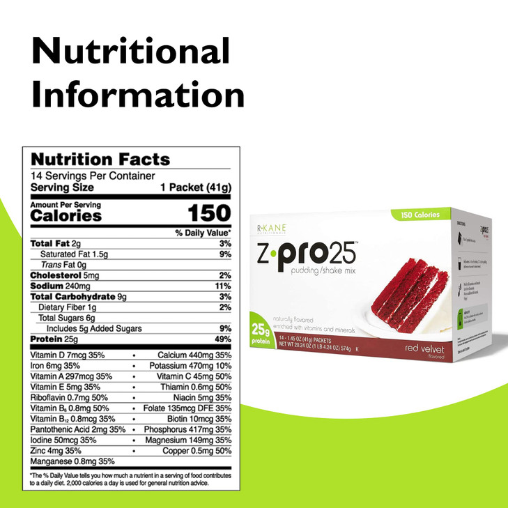 R-Kane Nutritionals Z-Pro Red Velvet Protein Drink Mix - High Protein, Low Calorie Low Fat Shake and Pudding Mix - Meal Replacement, On-The-Go Packet