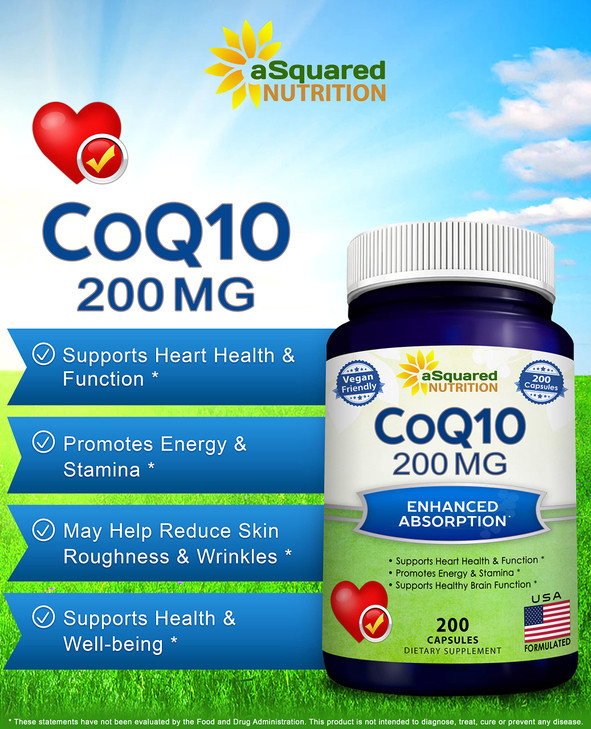 aSquared Nutrition CoQ10 (200 Capsules and 200mg) - High Absorption Vegan CO Q-10 Powder - Enzyme Ubiquinone Supplement Pills, Extra Antioxidant Coen