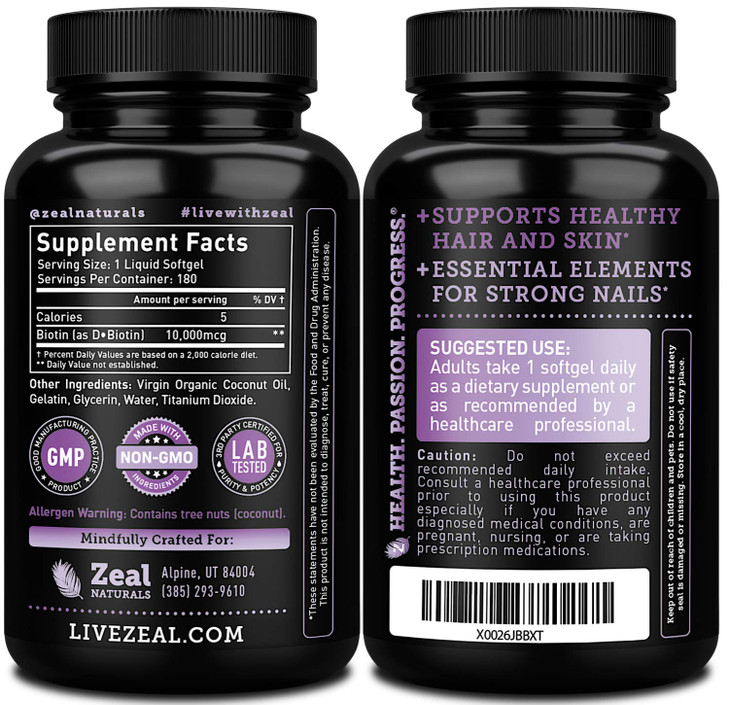 Zeal Naturals Biotin with Coconut Oil for Hair 10000mcg (180 Softgels) Supplement - Biotin Pills for Hair Skin and Nails Vitamins for Women Capsules