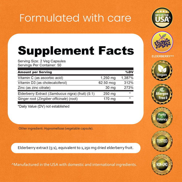 NaturaLife Labs Vitamin C with Vitamin D3, Zinc, Elderberry & Ginger Root  1,700 mg per Serving  100 Capsules, Vegan, Non-GMO, Gluten Free