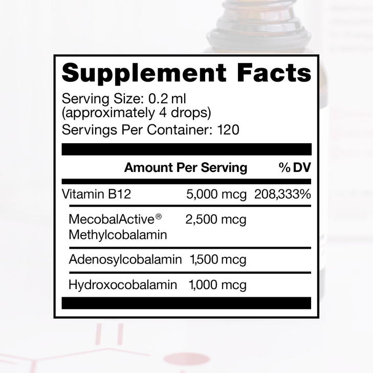 BioActive B12 Full Spectrum Vegan Methylated Vitamin B12 Sublingual Liquid Methylcobalamin, Hydroxocobalamin & Adenosylcobalamin 1,250 mcg per Drop (
