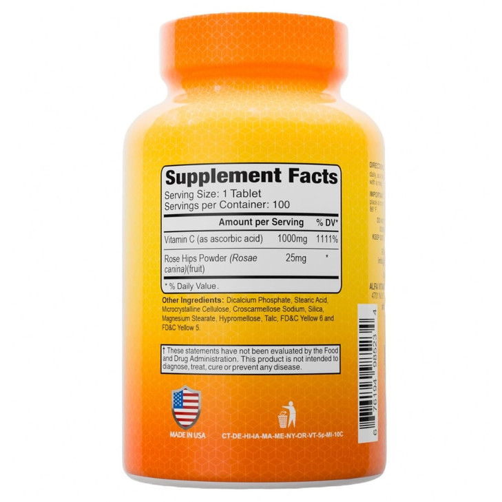 ALFA VITAMINS Vitamin C with Rose HIPS with 1000 mg Vitamin C per Serving - Antioxidant & Immune Support + Supports Healthy Skin & Joints - Non GMO,