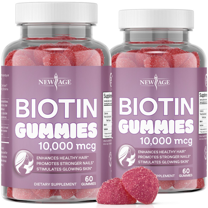 NEW AGE Biotin Gummies  Hair, Skin & Nails Gummies  10,000 mcg - Non-GMO Supplement for Women, Men - Made in USA -120 Count