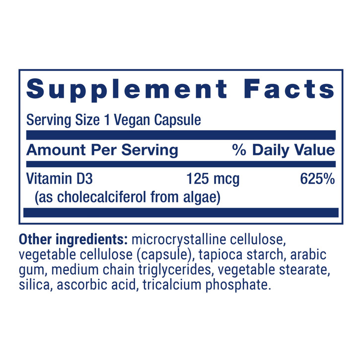 Life Extension Vegan Vitamin D3, 125 mcg (5000 IU), cholecalciferol from Algae, high-Potency Immune, Bone & Whole-Body Health, Gluten-Free, Non-GMO,