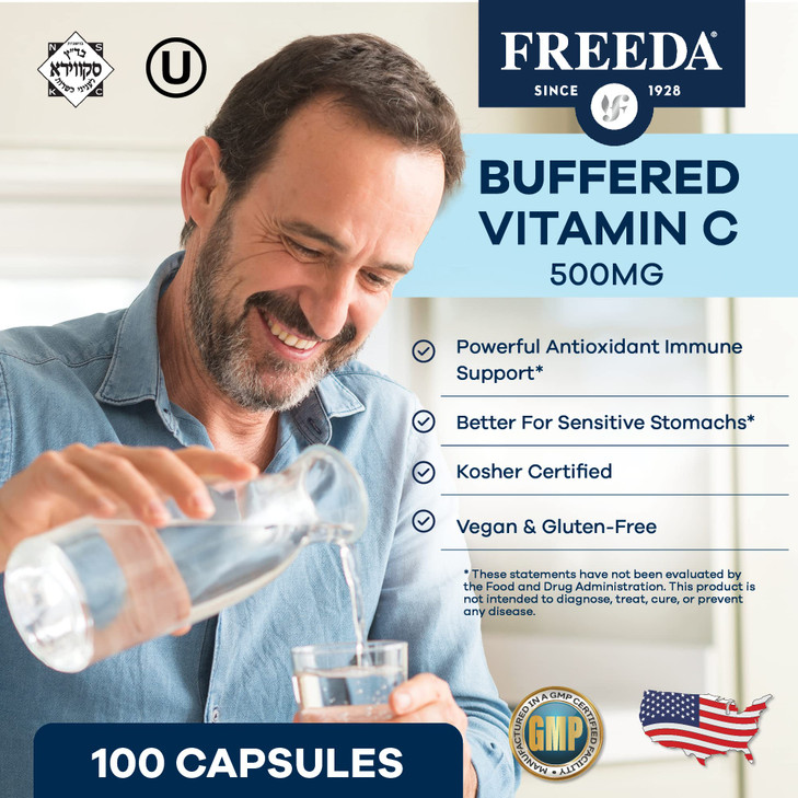 FREEDA Buffered Vitamin C 500mg  Non-Acidic Calcium Ascorbate  Immune Support & Antioxidant  Kosher, Gentle on Stomach  100 Capsules