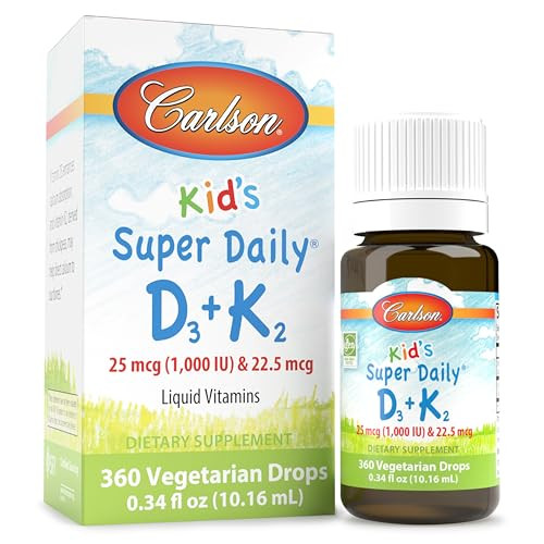 Carlson - Kid's Super Daily D3+K2, 25 mcg (1,000 IU) D3 & 22.5 mcg K2, Vitamin D Drops with Vitamin K2, Liquid Vitamins, 1000 IU Vitamin D3, Heart &