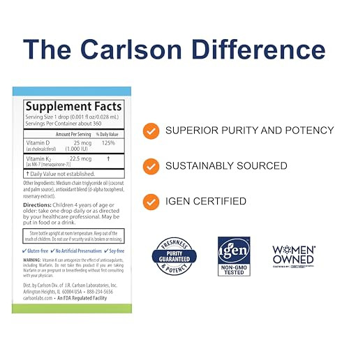 Carlson - Kid's Super Daily D3+K2, 25 mcg (1,000 IU) D3 & 22.5 mcg K2, Vitamin D Drops with Vitamin K2, Liquid Vitamins, 1000 IU Vitamin D3, Heart &